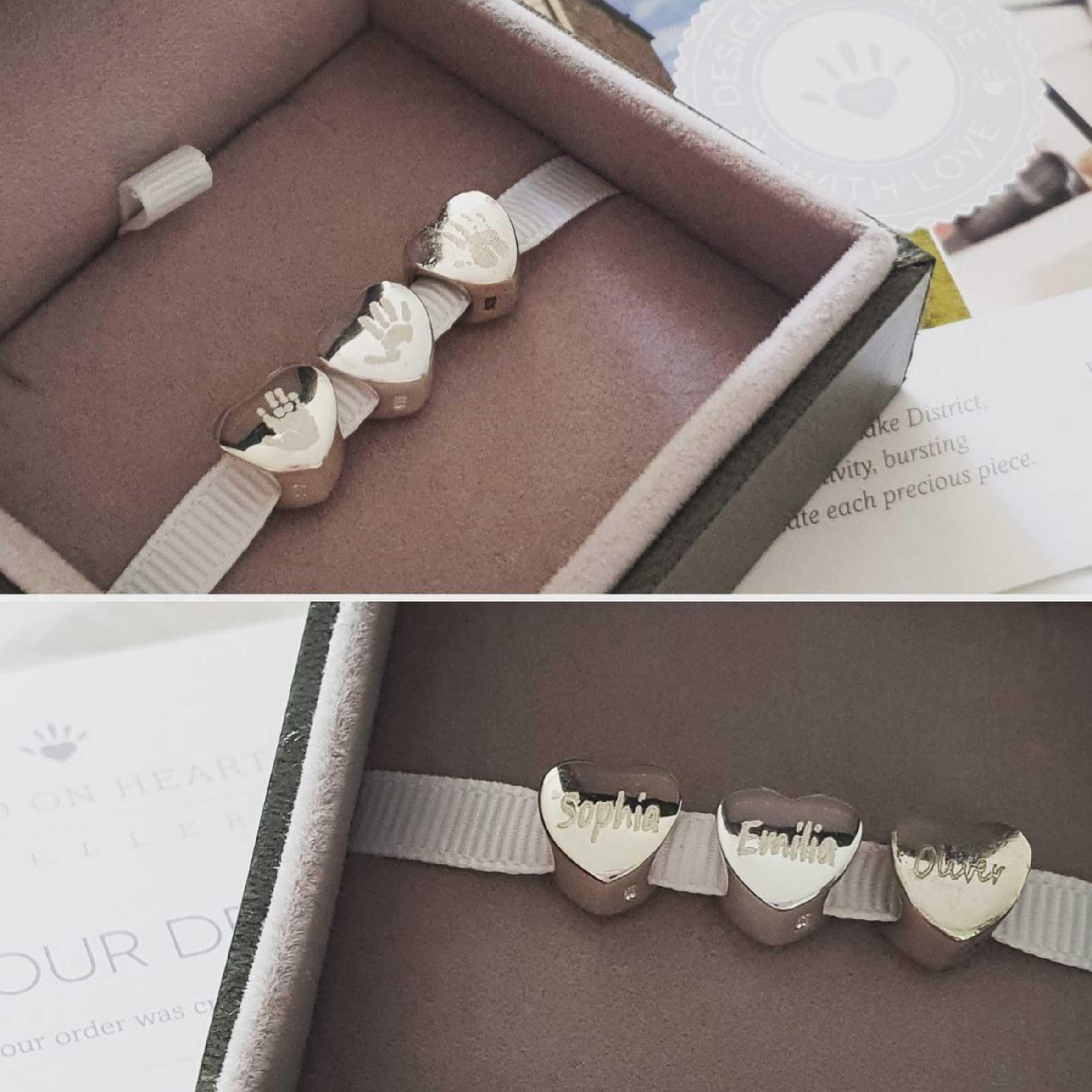 Two photographs of three bracelet charms in their Hand on Heart jewellery box. There are three names on the three charms, from left to right these are 'Sophie', 'Emilia', and 'Oliver'.