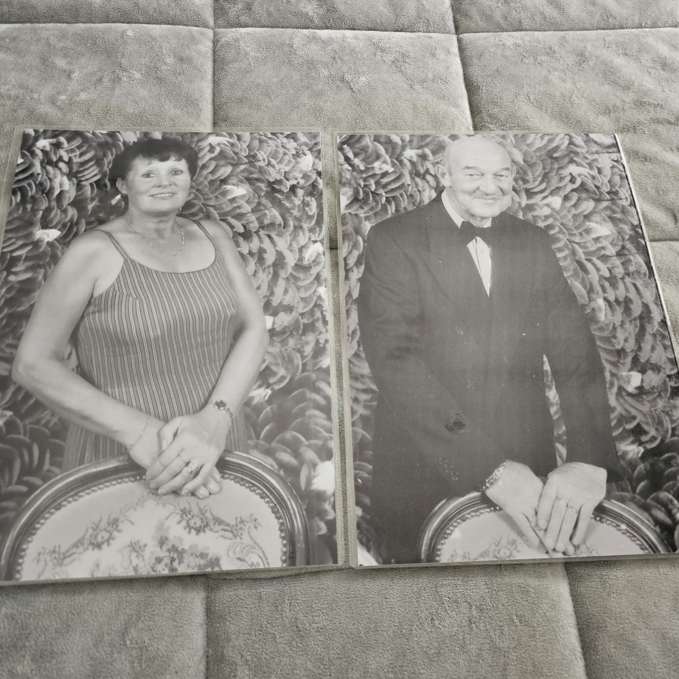 A black and white image of two photographs. The couple on the photo are stood leaning against a chair and appear to be wearing formal outfits for a special occasion.