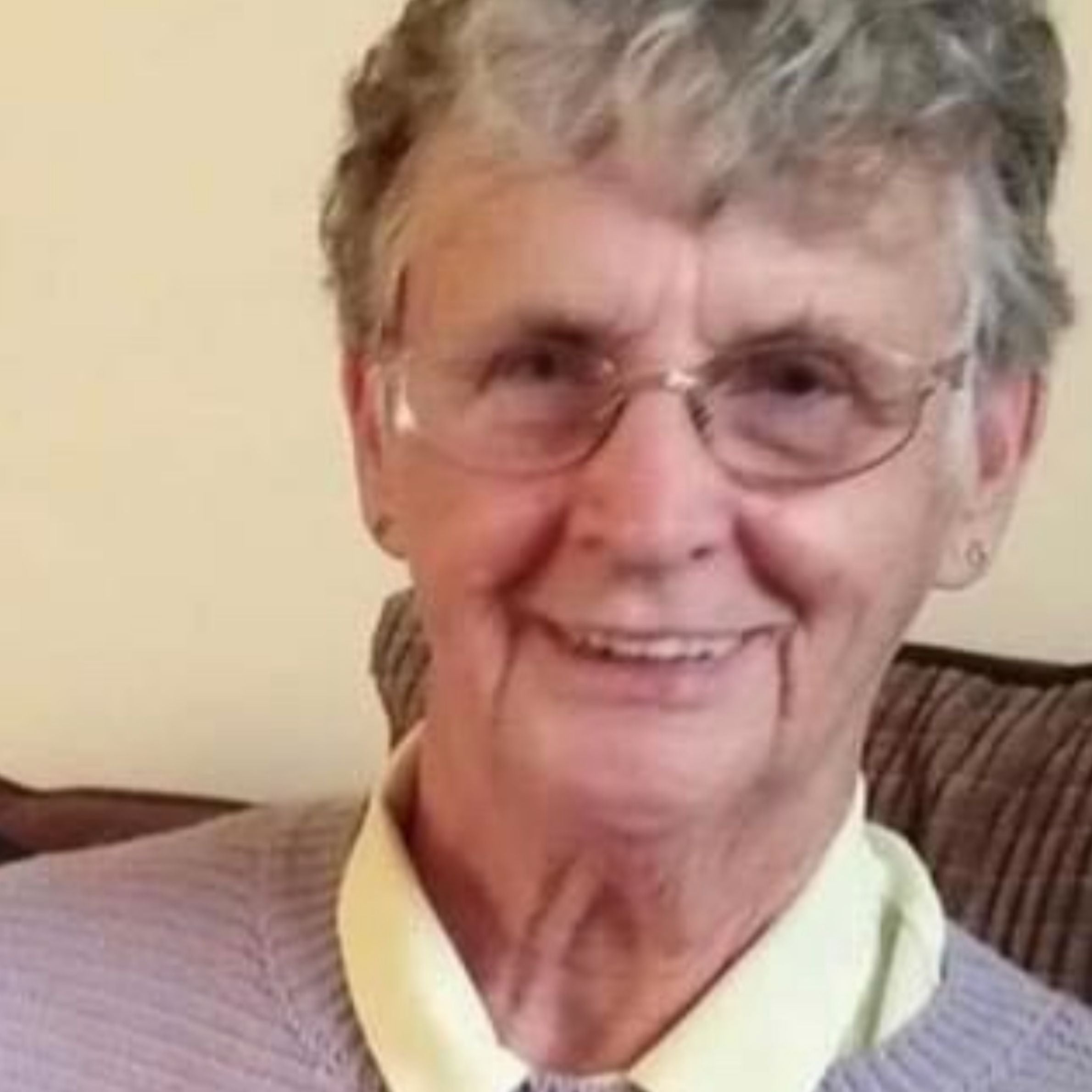 Lady smiling at camera, wearing glasses, she has grey short hair. Close up image only showing shoulders and face. She is wearing a purple v-neck jumper with yellow collared shirt underneath.