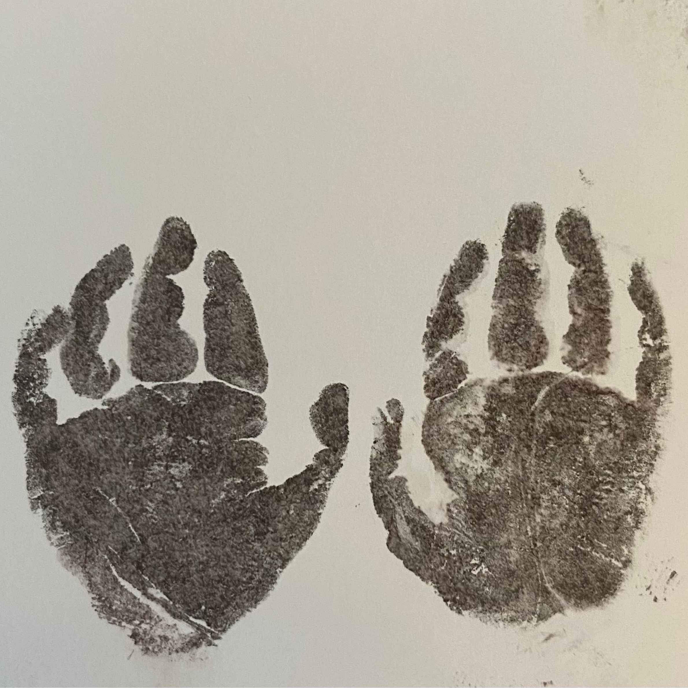 Two handprints, left and write hand in black ink on light background.