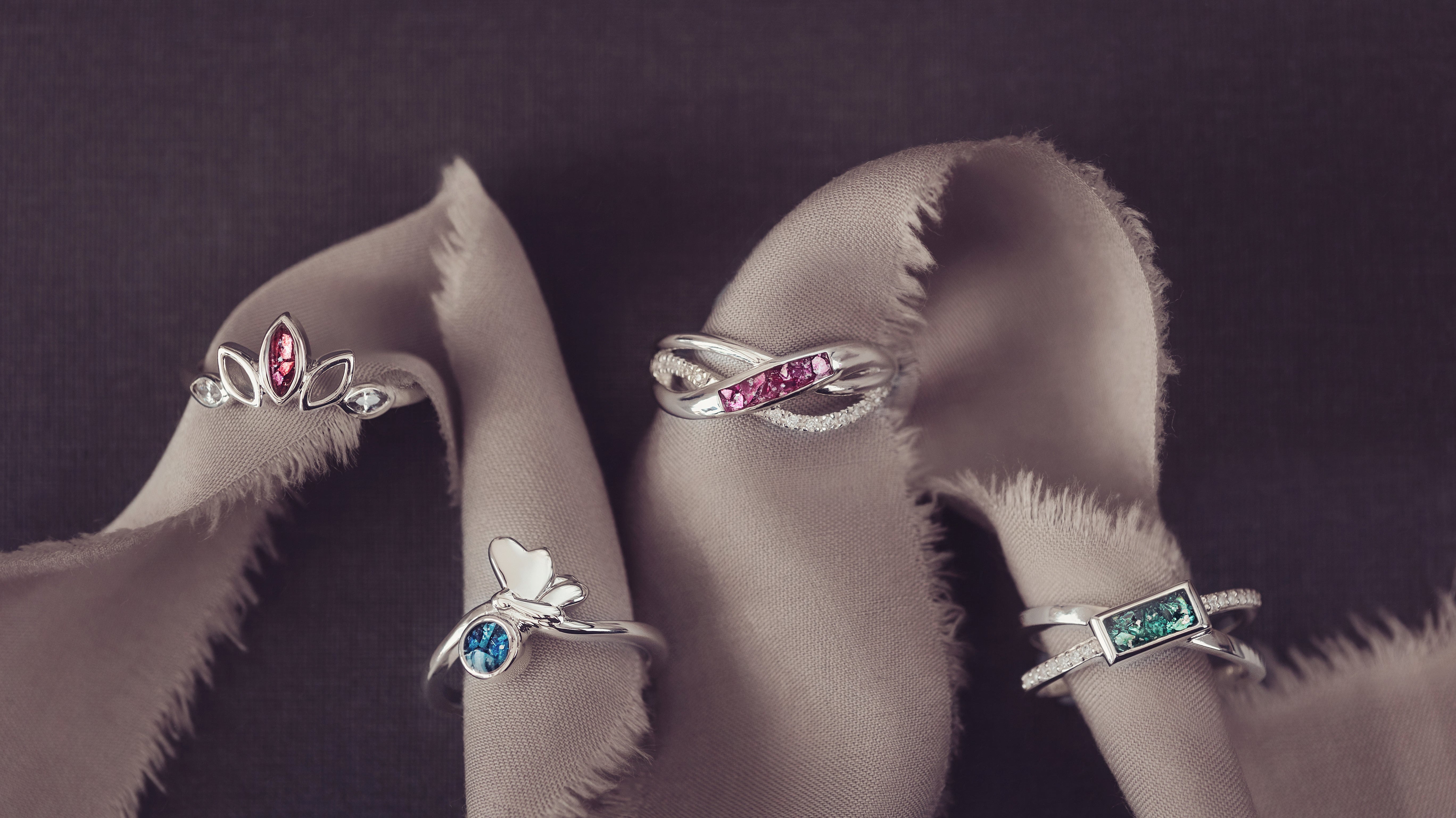 Ashes jewellery rings in various designs, showing the different ashes jewellery colours available