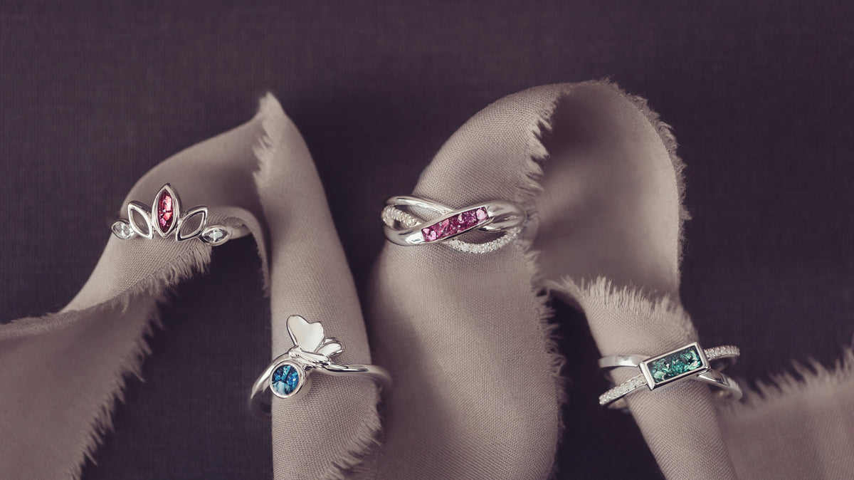 Ashes jewellery rings in various designs, showing the different ashes jewellery colours available