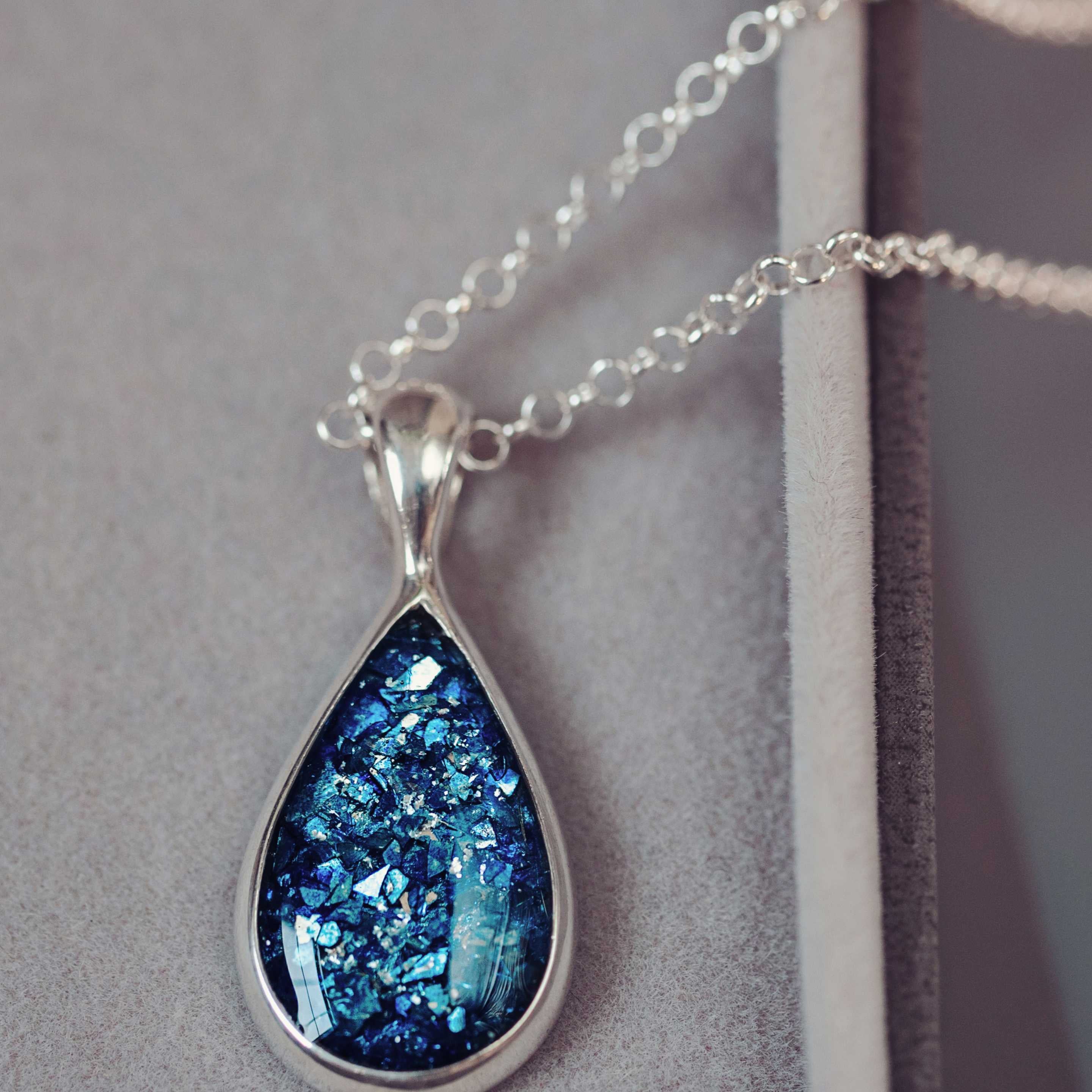 A Teardrop Pet Cremation Ashes Necklace in Blue