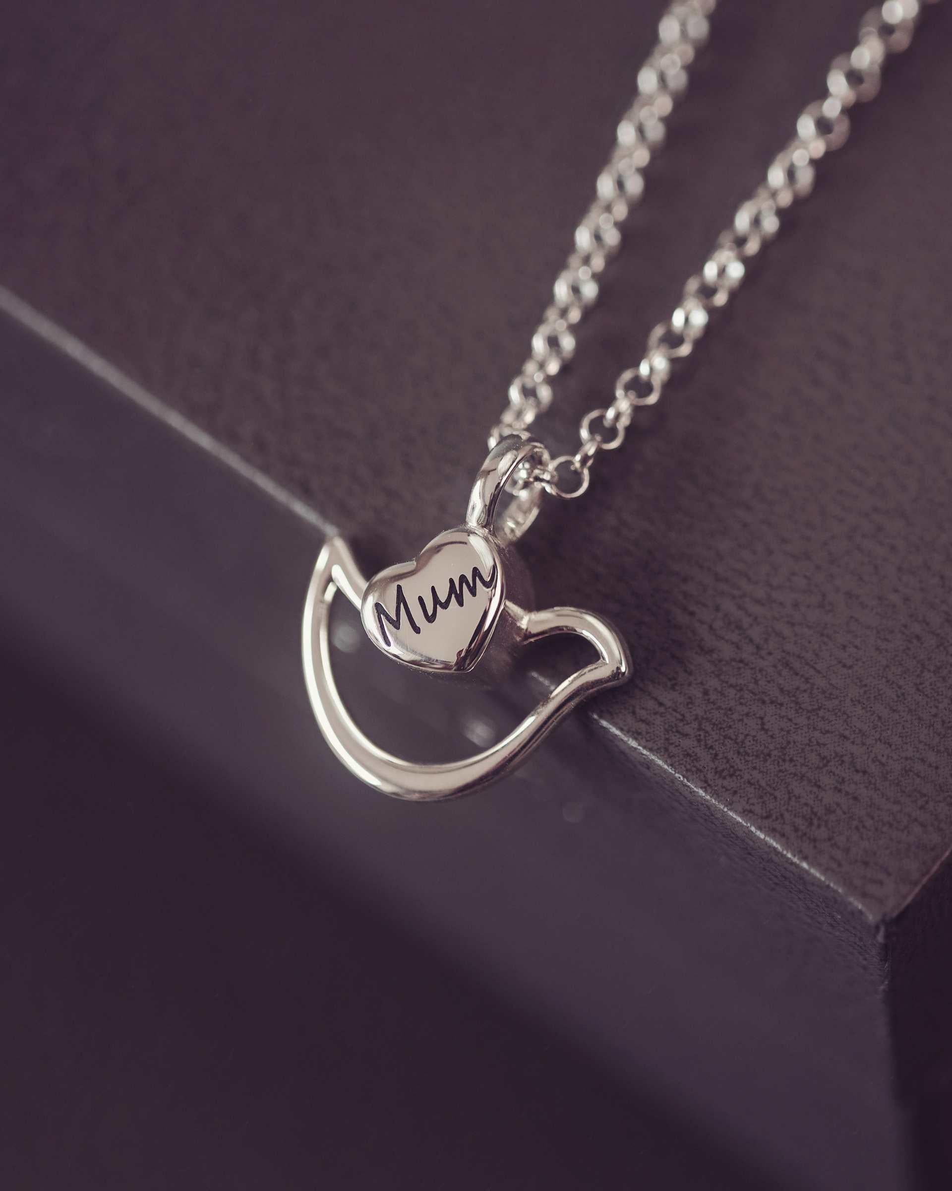 Silver necklace with a dove-shaped pendant on a dark surface