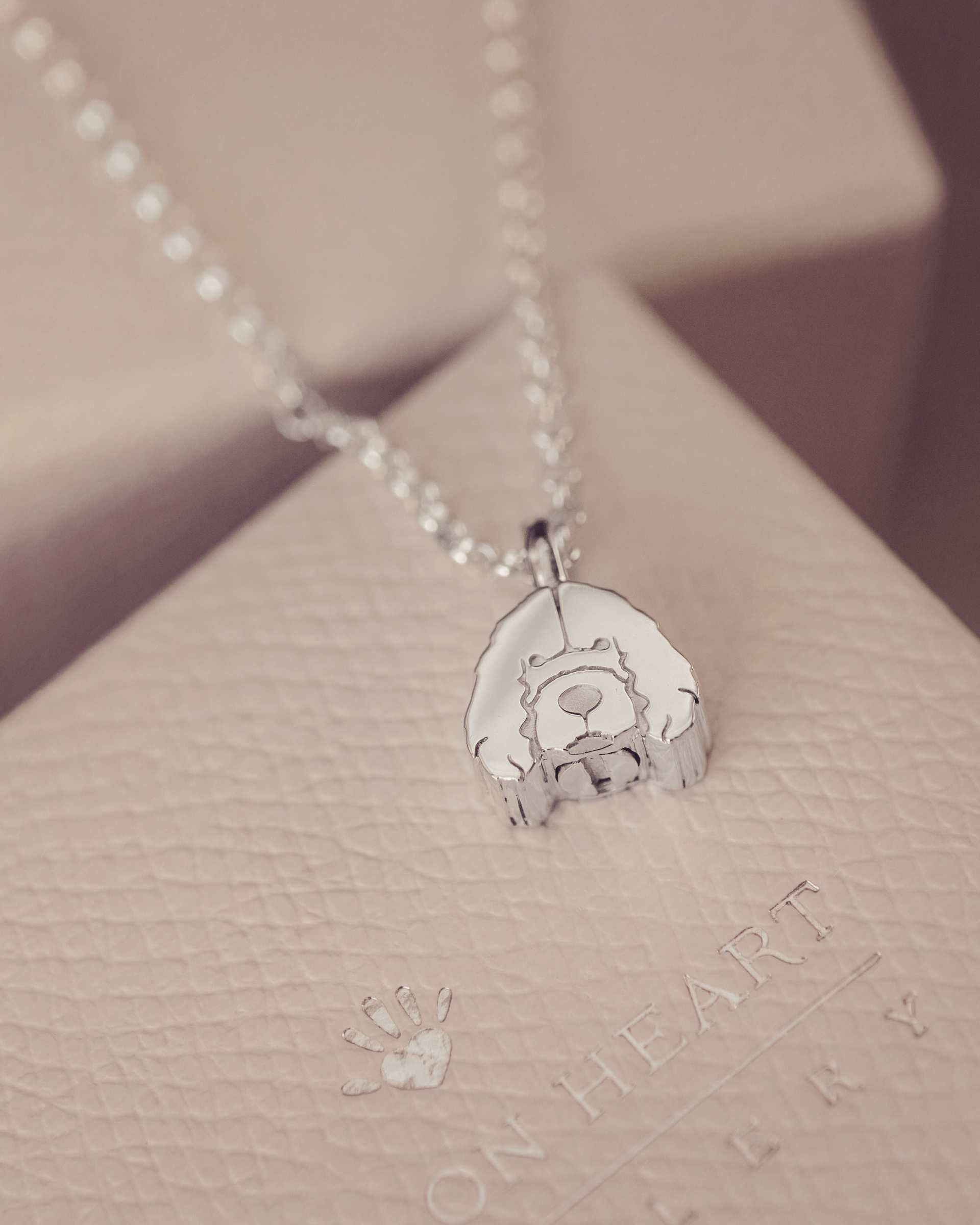 Silver cockerpoo dog necklace with a pendant against a jewellery box