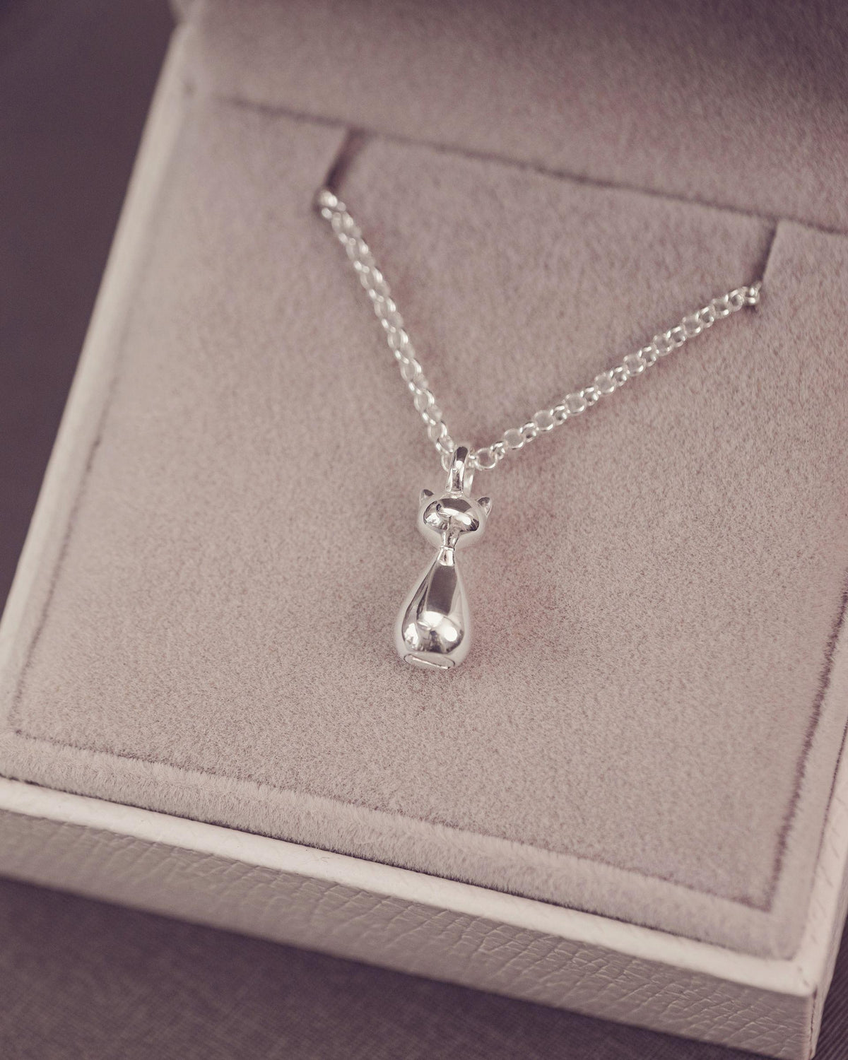 A stylised silver cat pendant necklace on a delicate chain, displayed inside a light beige jewelry box.