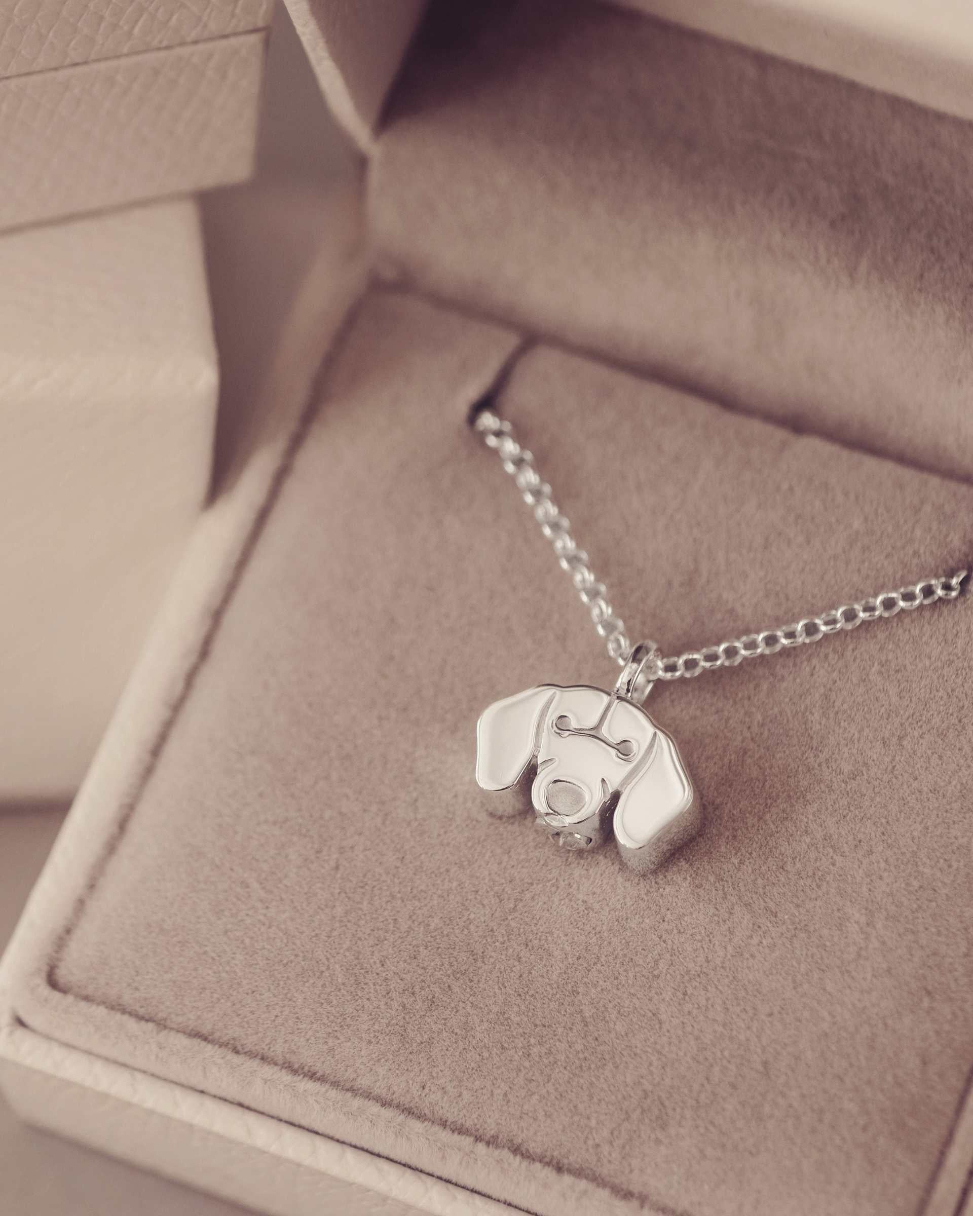 Silver Dachshund dog-shaped pendant necklace in a jewelry box.