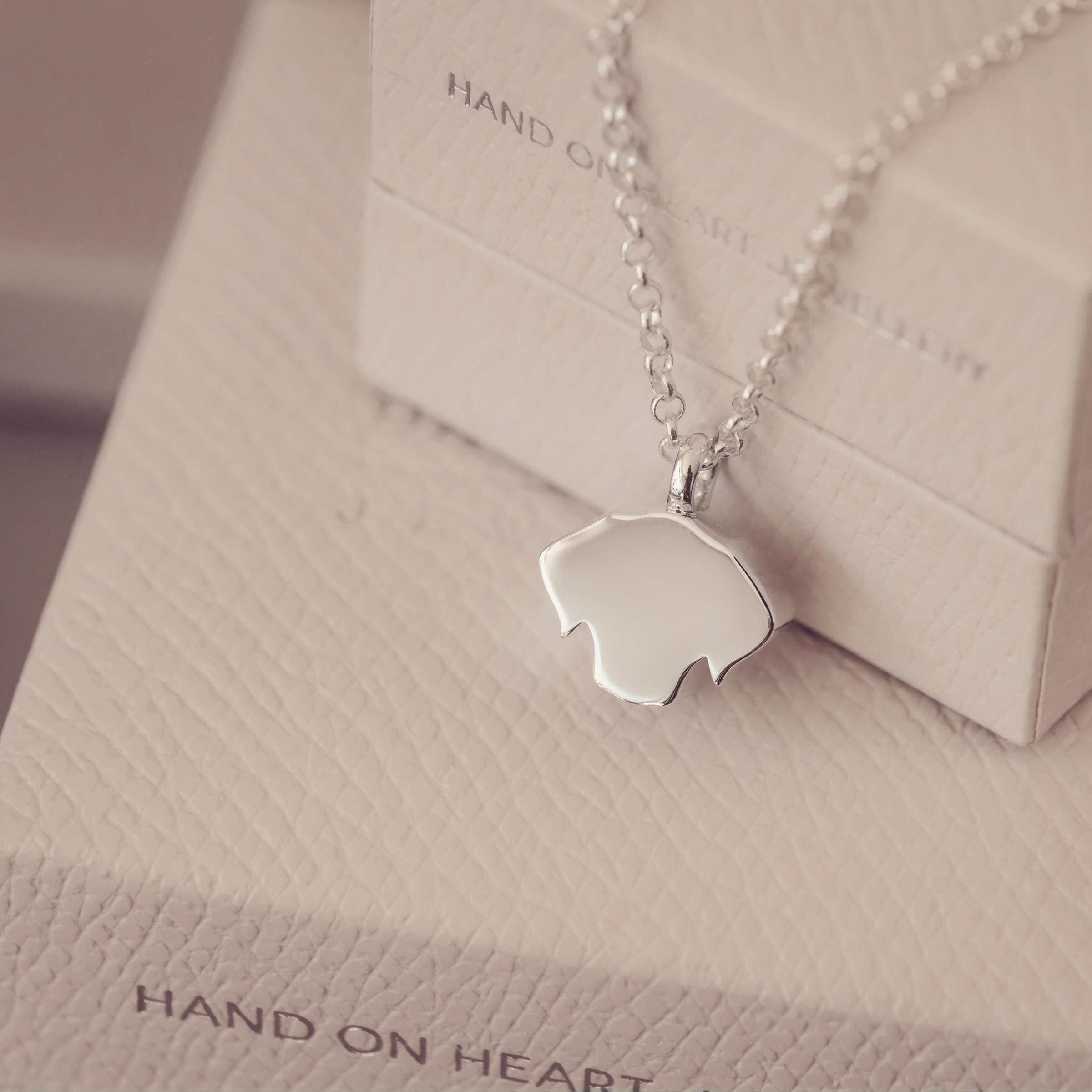 Silver necklace with back of dog-shaped pendant on a textured jewellery box.