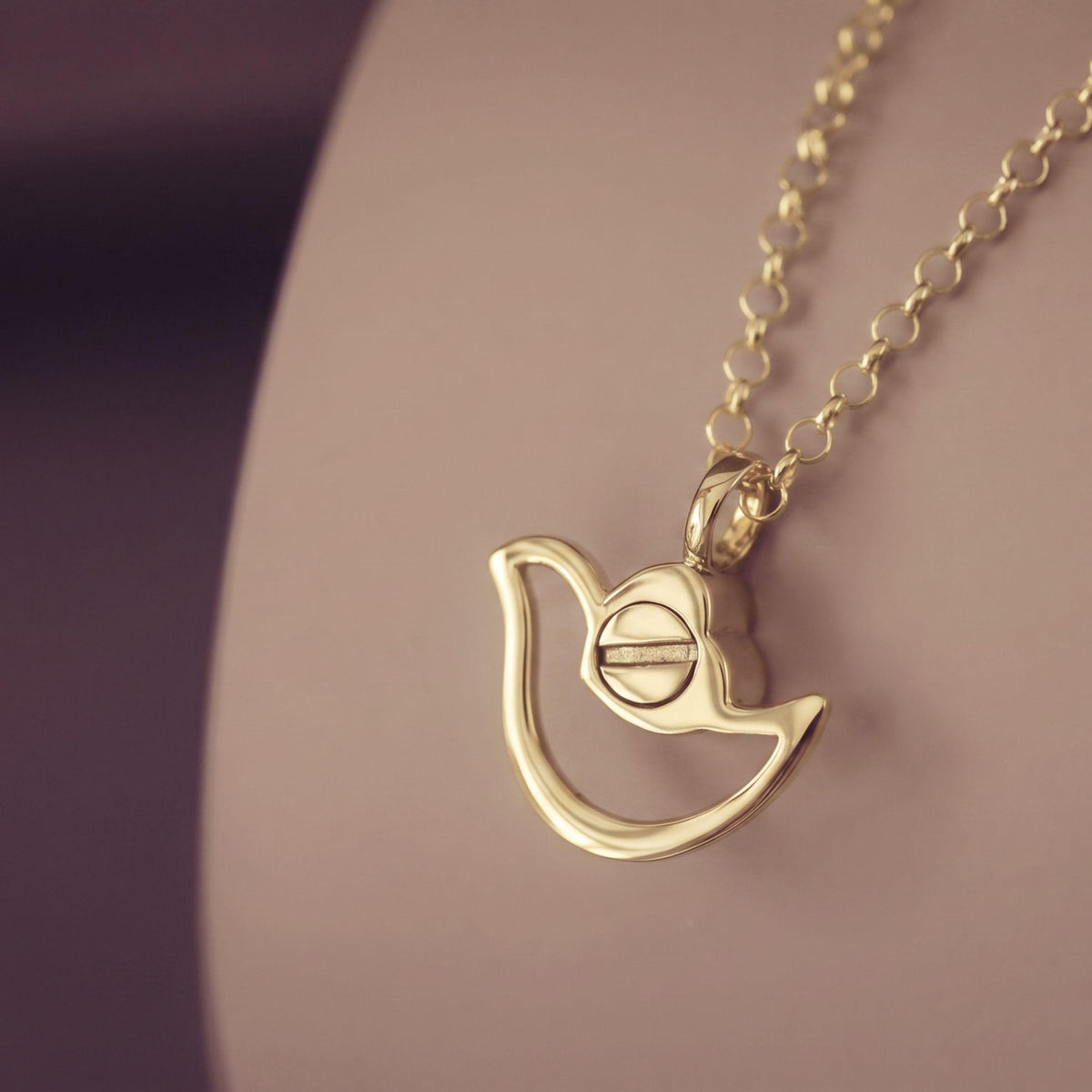 A gold pendant necklace featuring a stylized dove shape with a central screw-like detail, shown resting on a soft beige display surface against a dark purple background.