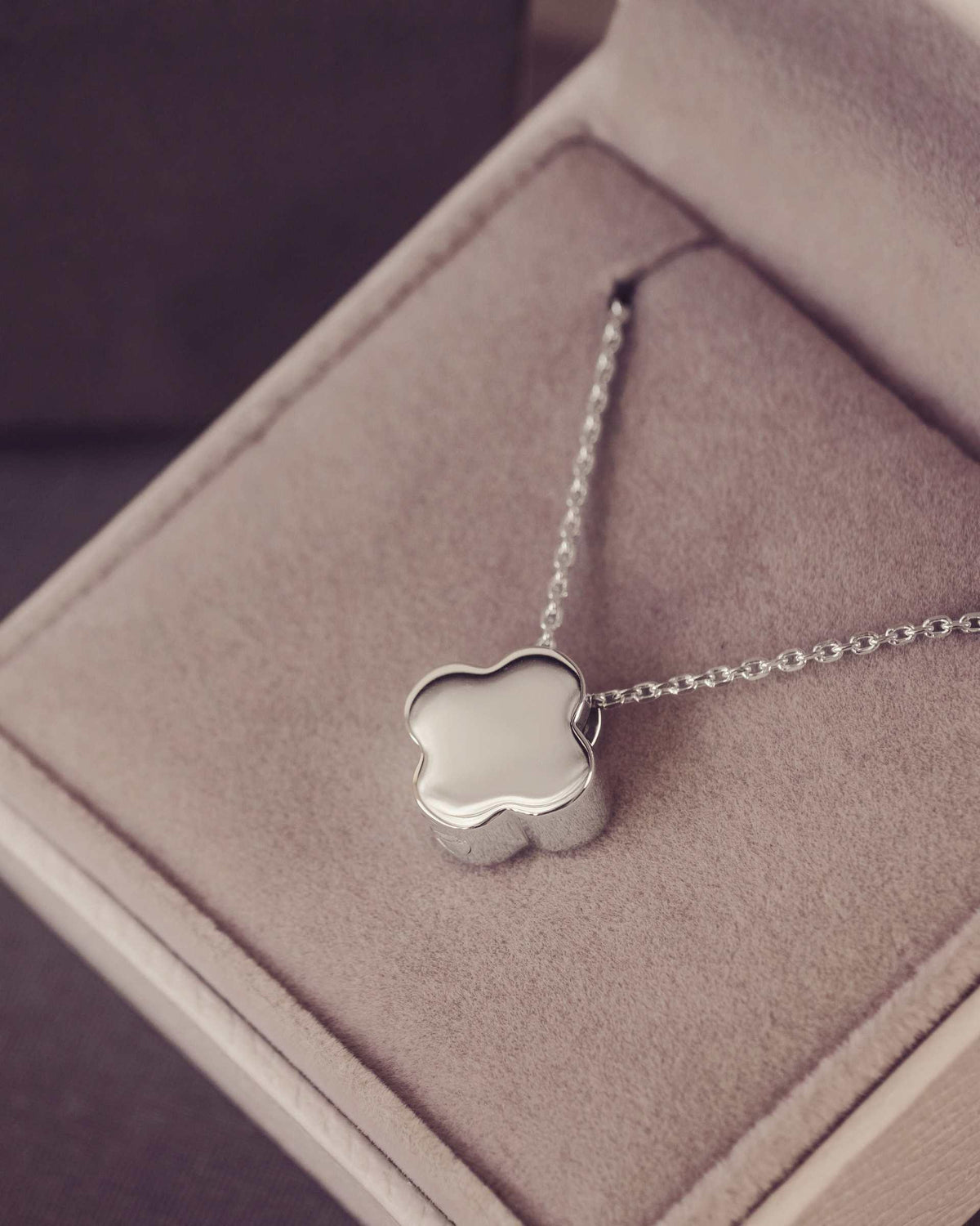 Silver necklace with a clover-shaped pendant in a jewellery box