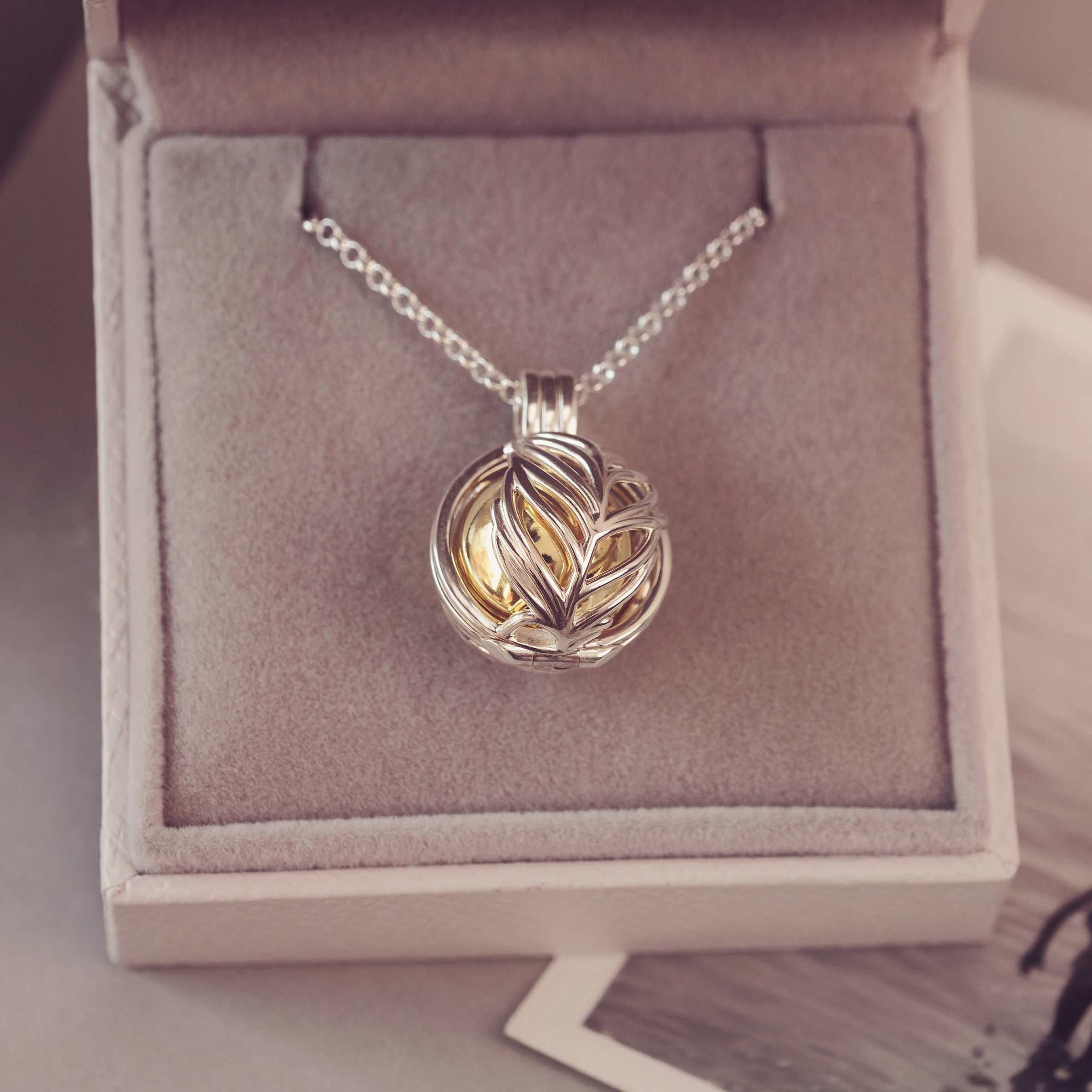 Silver and gold feather necklace pendant in a jewelry box.