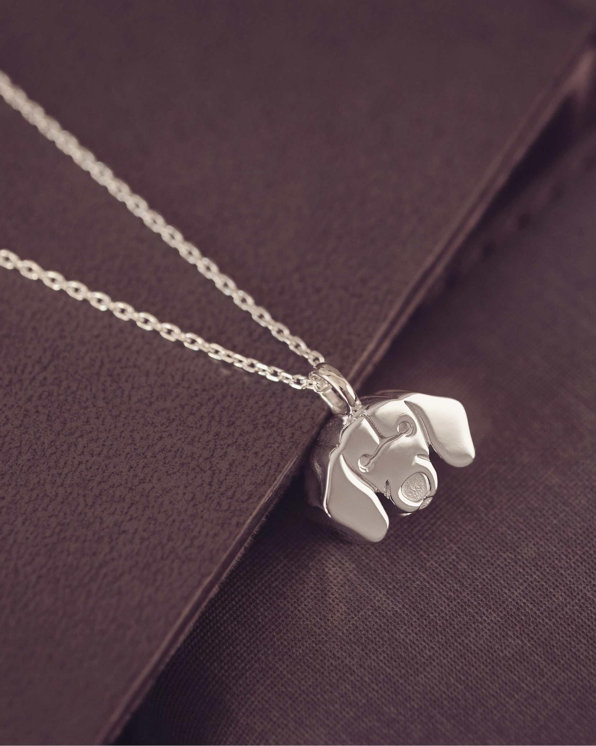 Silver dog-shaped pendant on a chain against a dark brown background
