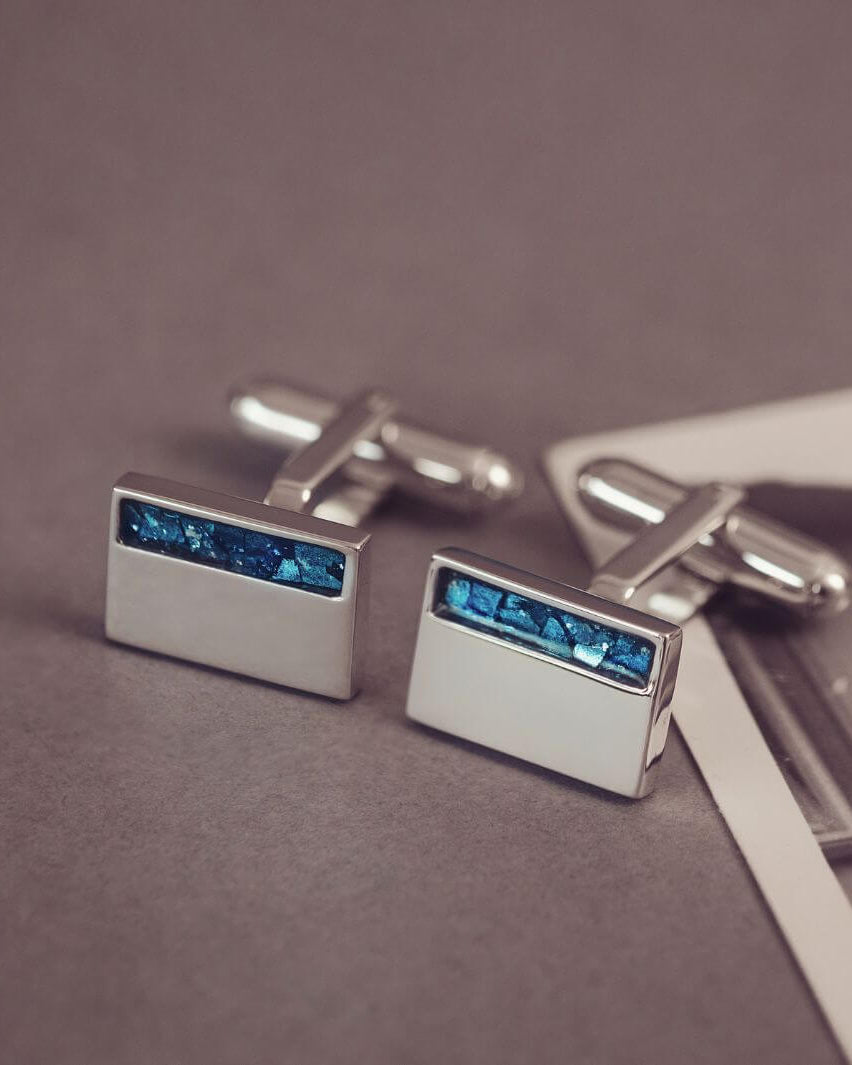 Sterling Silver rectangular cufflinks, created with cremation ashes, blue crystal and resin