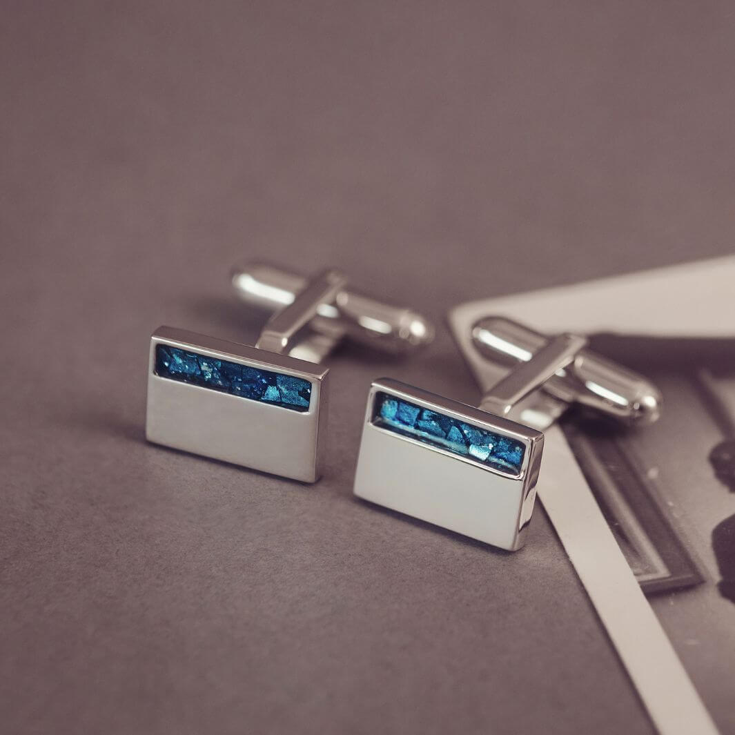Sterling Silver rectangular cufflinks, created with cremation ashes, blue crystal and resin