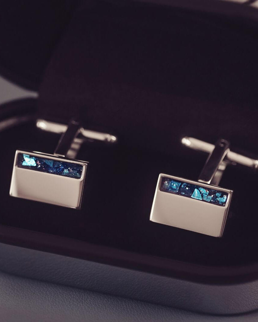 Sterling Silver rectangular cufflinks, created with cremation ashes, blue crystal and resin