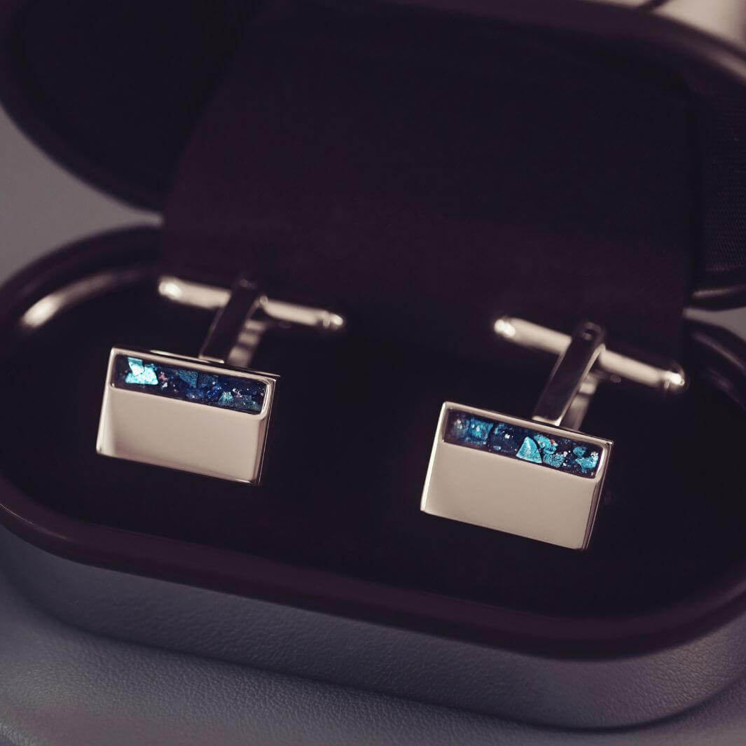 Sterling Silver rectangular cufflinks, created with cremation ashes, blue crystal and resin