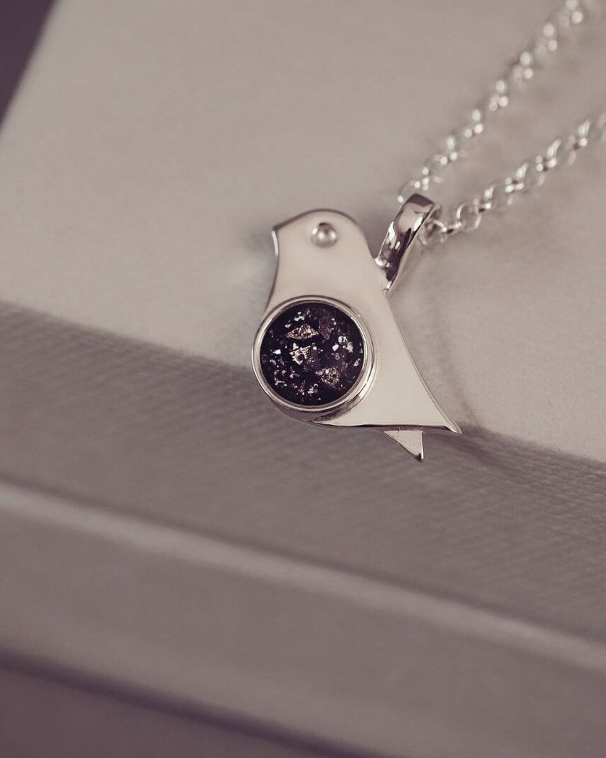 Sterling Silver Robin Bird Necklace, with the centre section filled with cremation ashes