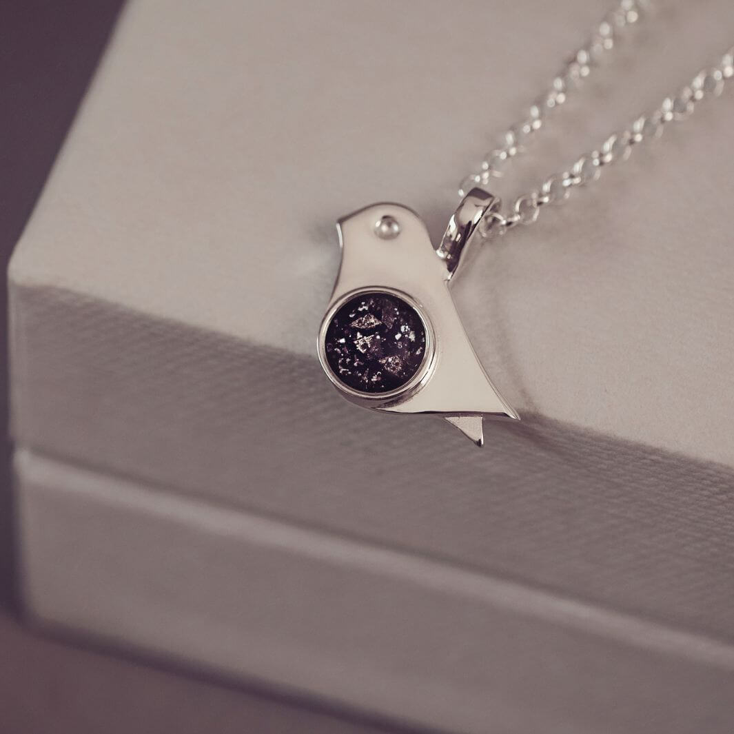 Sterling Silver Robin Bird Necklace, with the centre section filled with cremation ashes