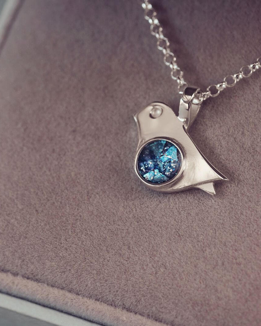 Sterling Silver Robin Bird Necklace, with the centre section filled with cremation ashes