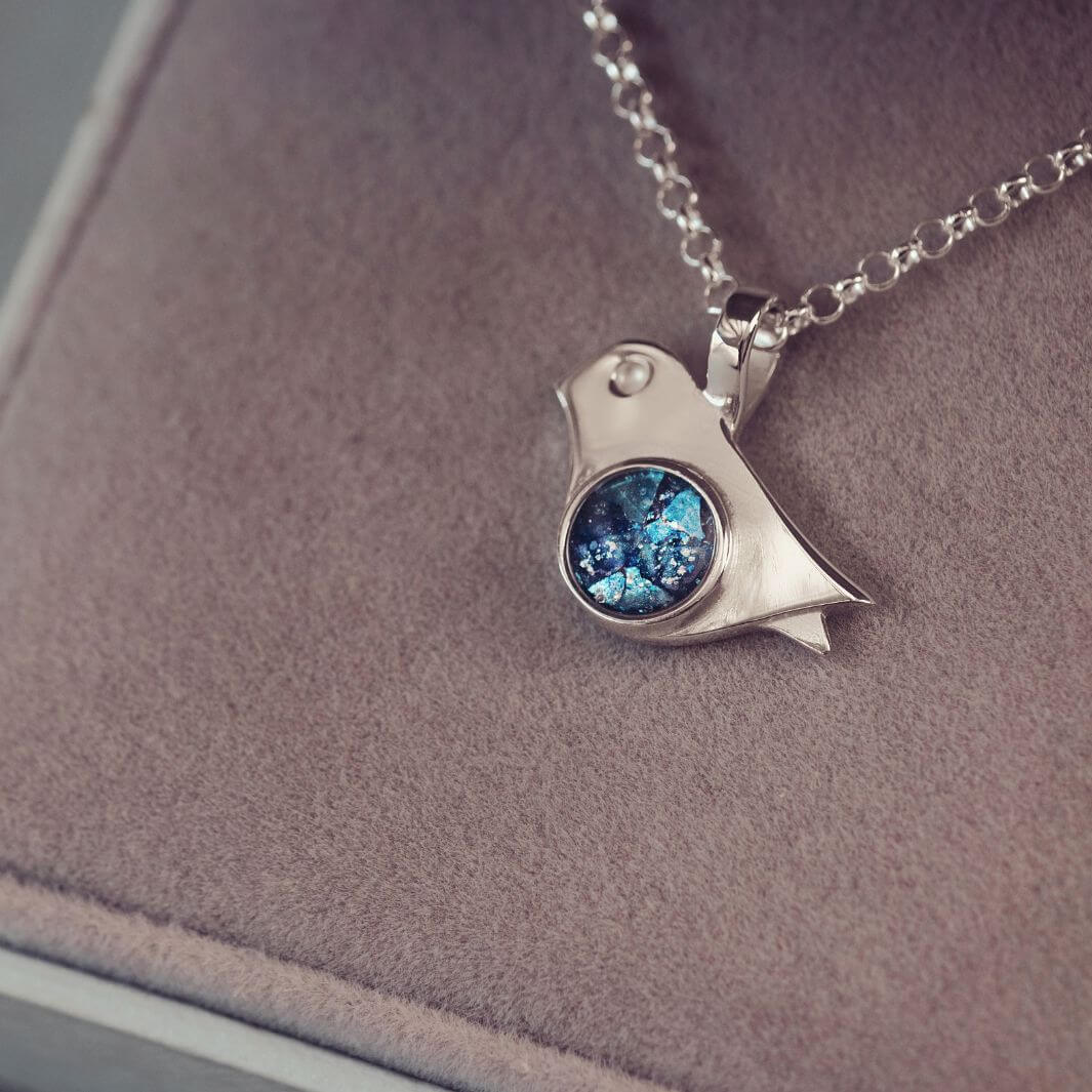 Sterling Silver Robin Bird Necklace, with the centre section filled with cremation ashes