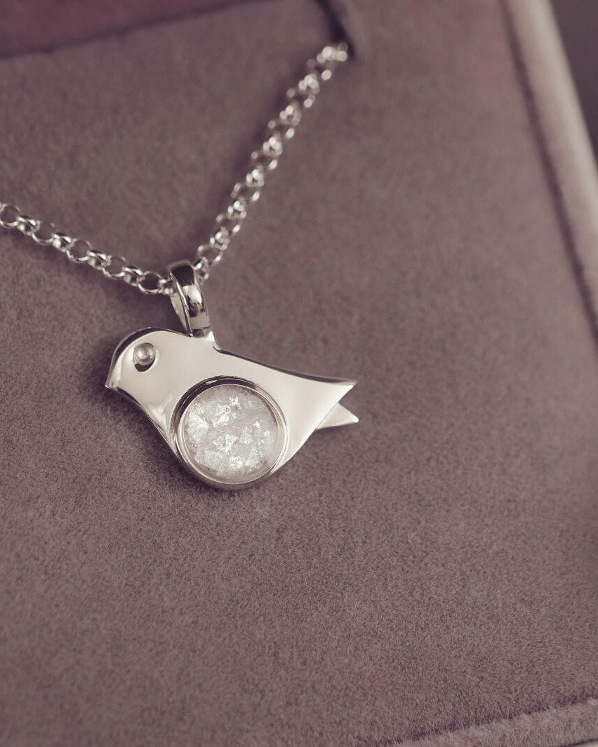 Sterling Silver Robin Bird Necklace, with the centre section filled with cremation ashes