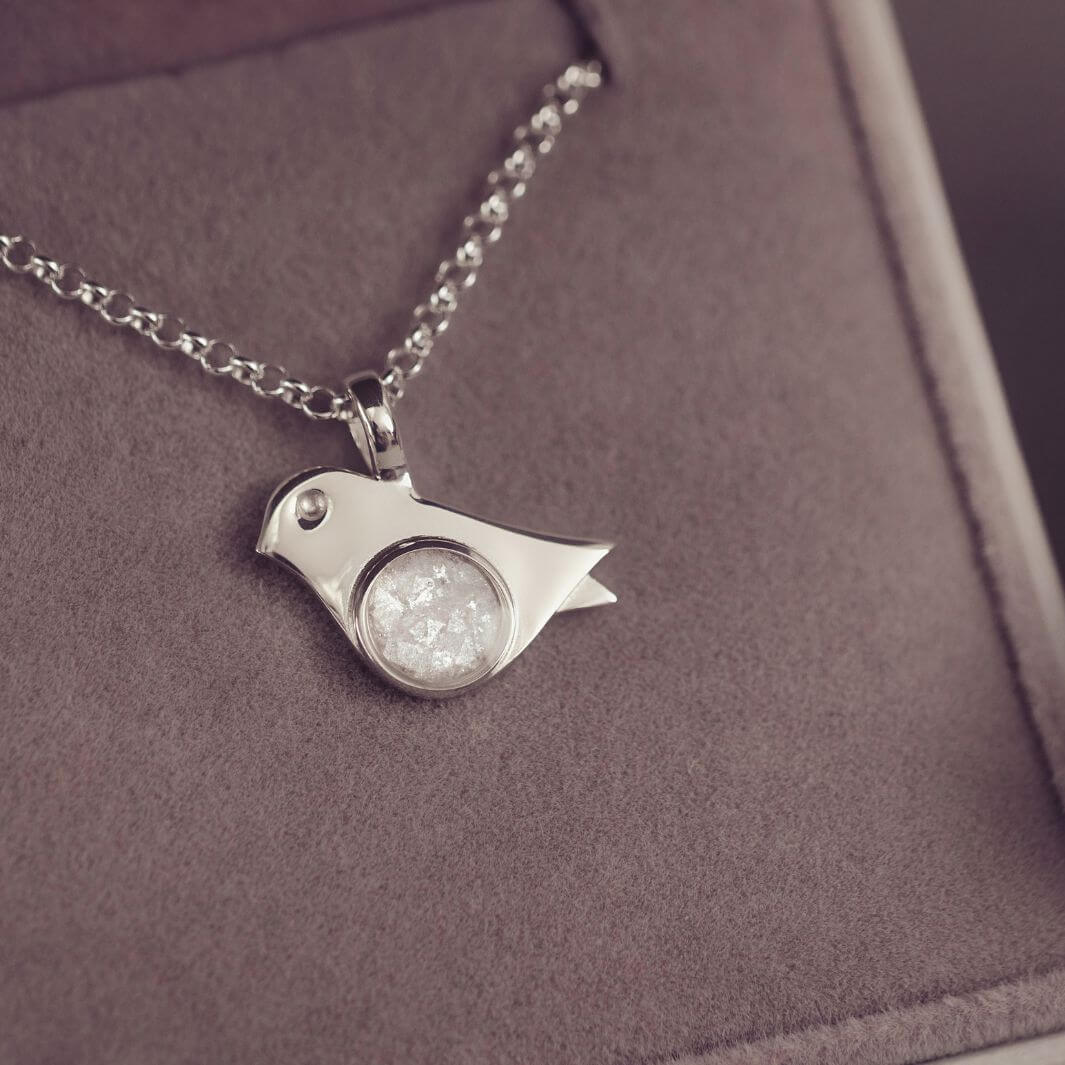 Sterling Silver Robin Bird Necklace, with the centre section filled with cremation ashes