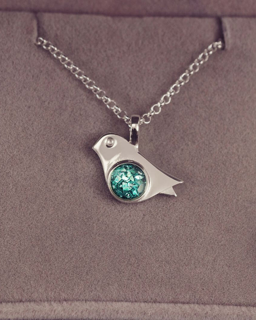 Sterling Silver Robin Bird Necklace, with the centre section filled with cremation ashes