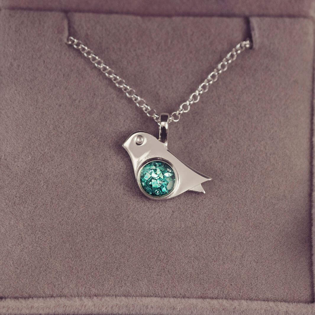 Sterling Silver Robin Bird Necklace, with the centre section filled with cremation ashes