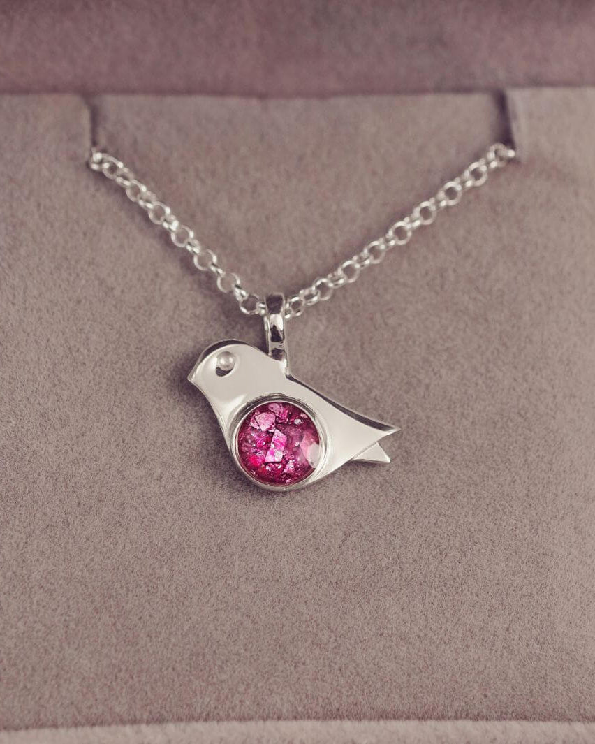 Sterling Silver Robin Bird Necklace, with the centre section filled with cremation ashes