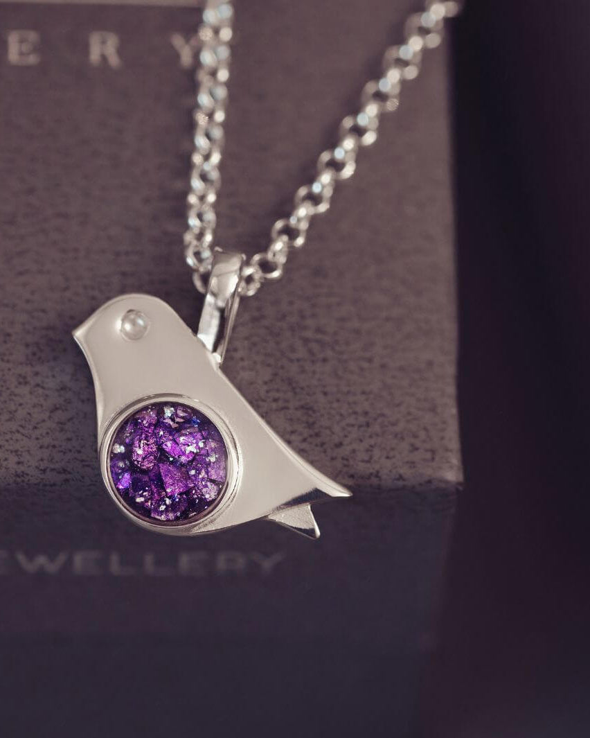 Sterling Silver Robin Bird Necklace, with the centre section filled with cremation ashes