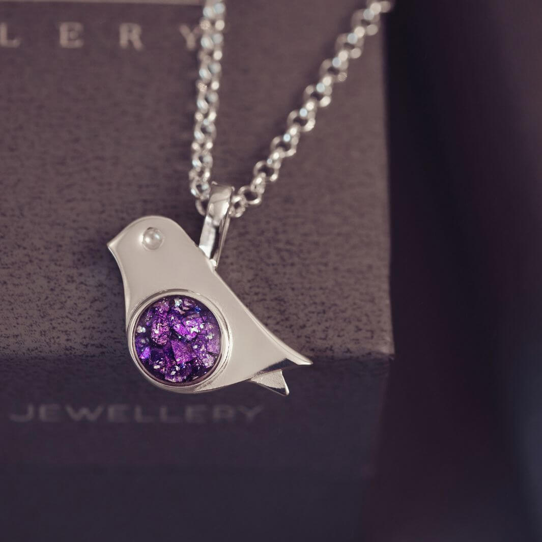 Sterling Silver Robin Bird Necklace, with the centre section filled with cremation ashes