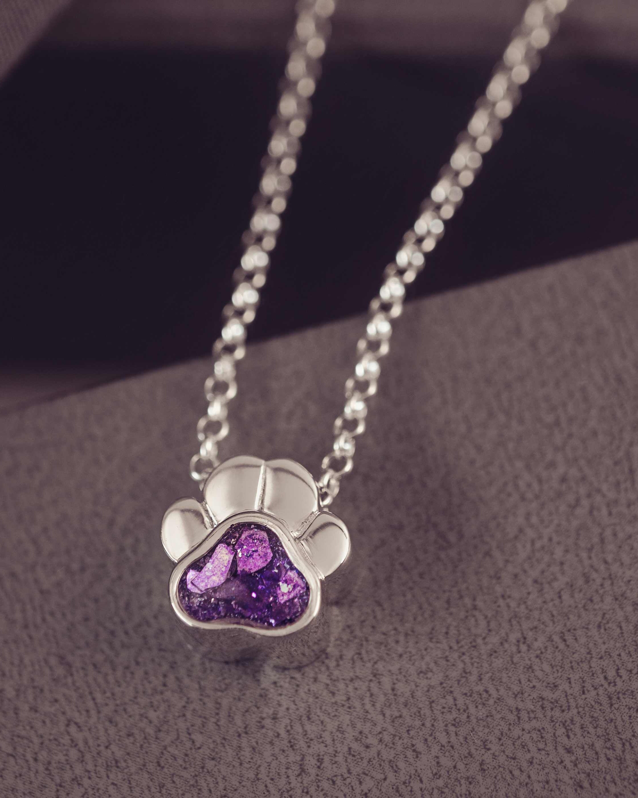 Necklace with a paw-shaped pendant featuring a purple gemstone on a dark background
