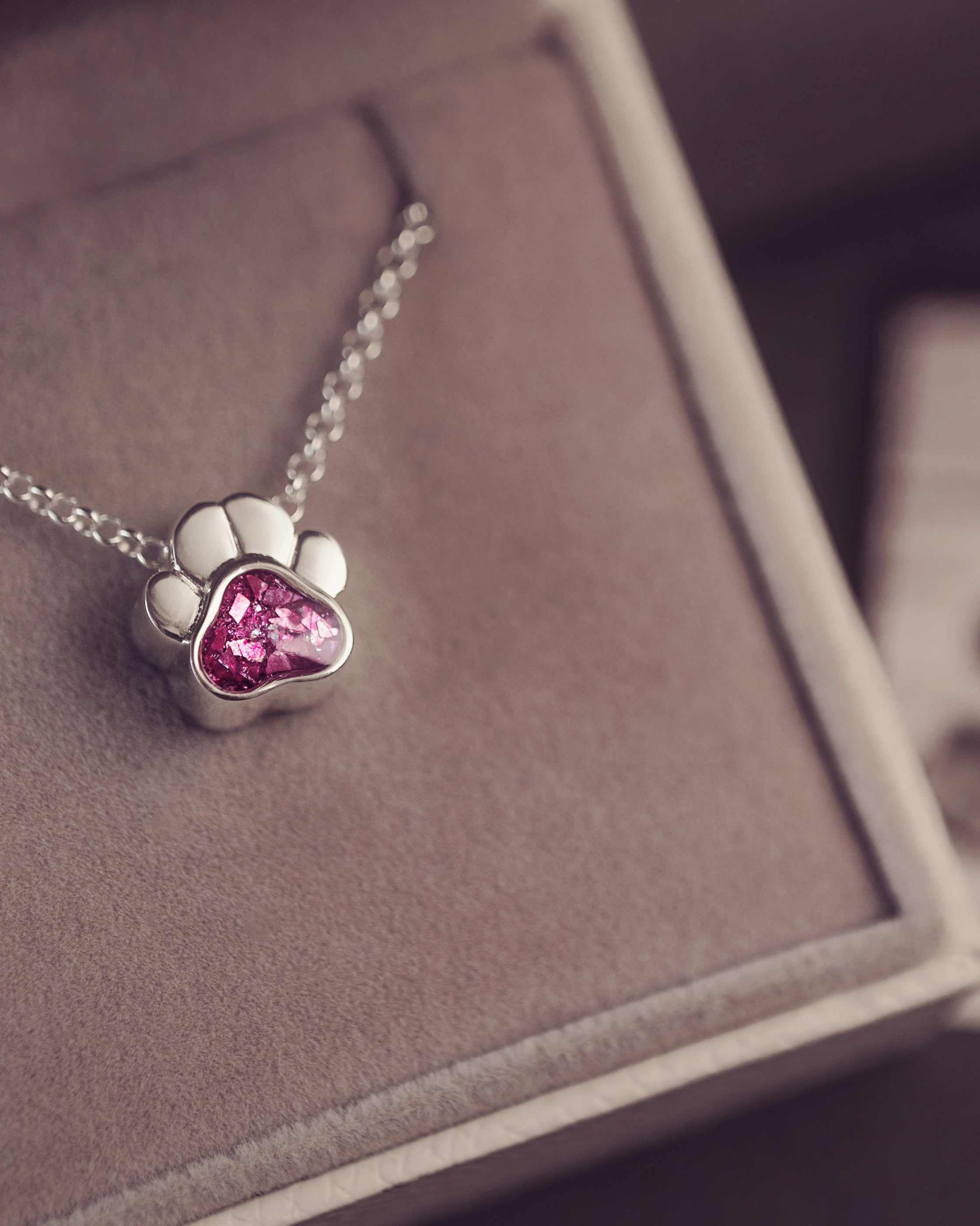 Necklace with paw-shaped pendant featuring a pink gemstone on a brown box.