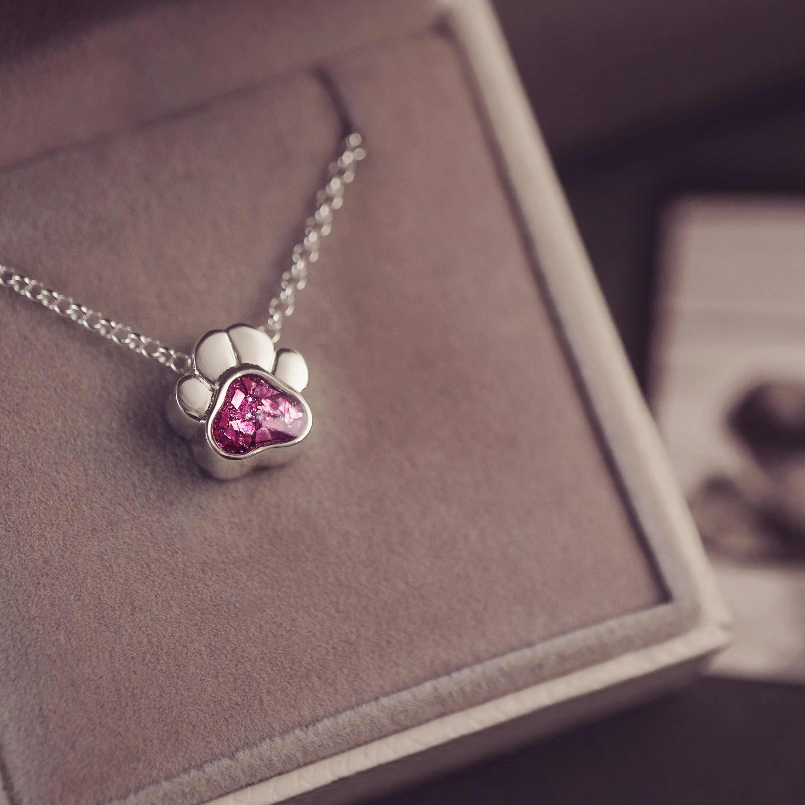 Necklace with paw-shaped pendant featuring a pink gemstone on a brown box.