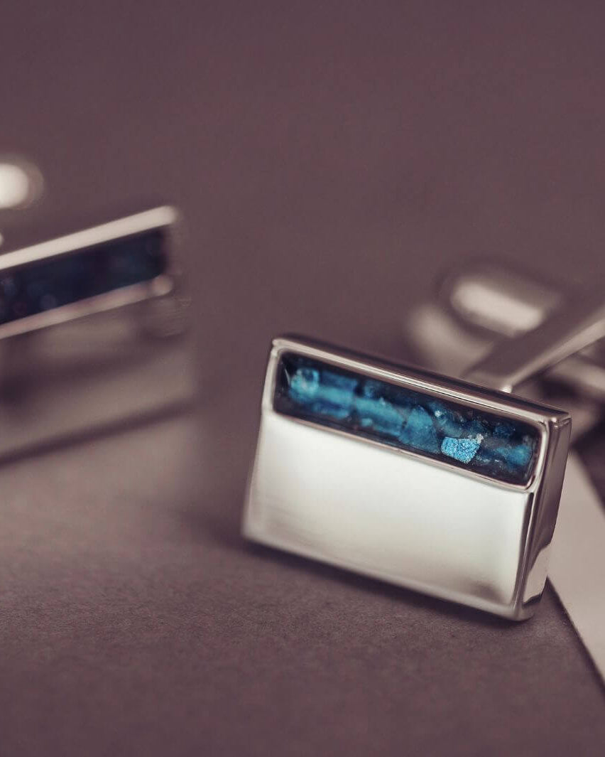 Sterling Silver rectangular cufflinks, created with cremation ashes, blue crystal and resin