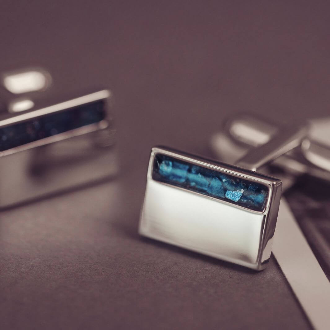 Sterling Silver rectangular cufflinks, created with cremation ashes, blue crystal and resin