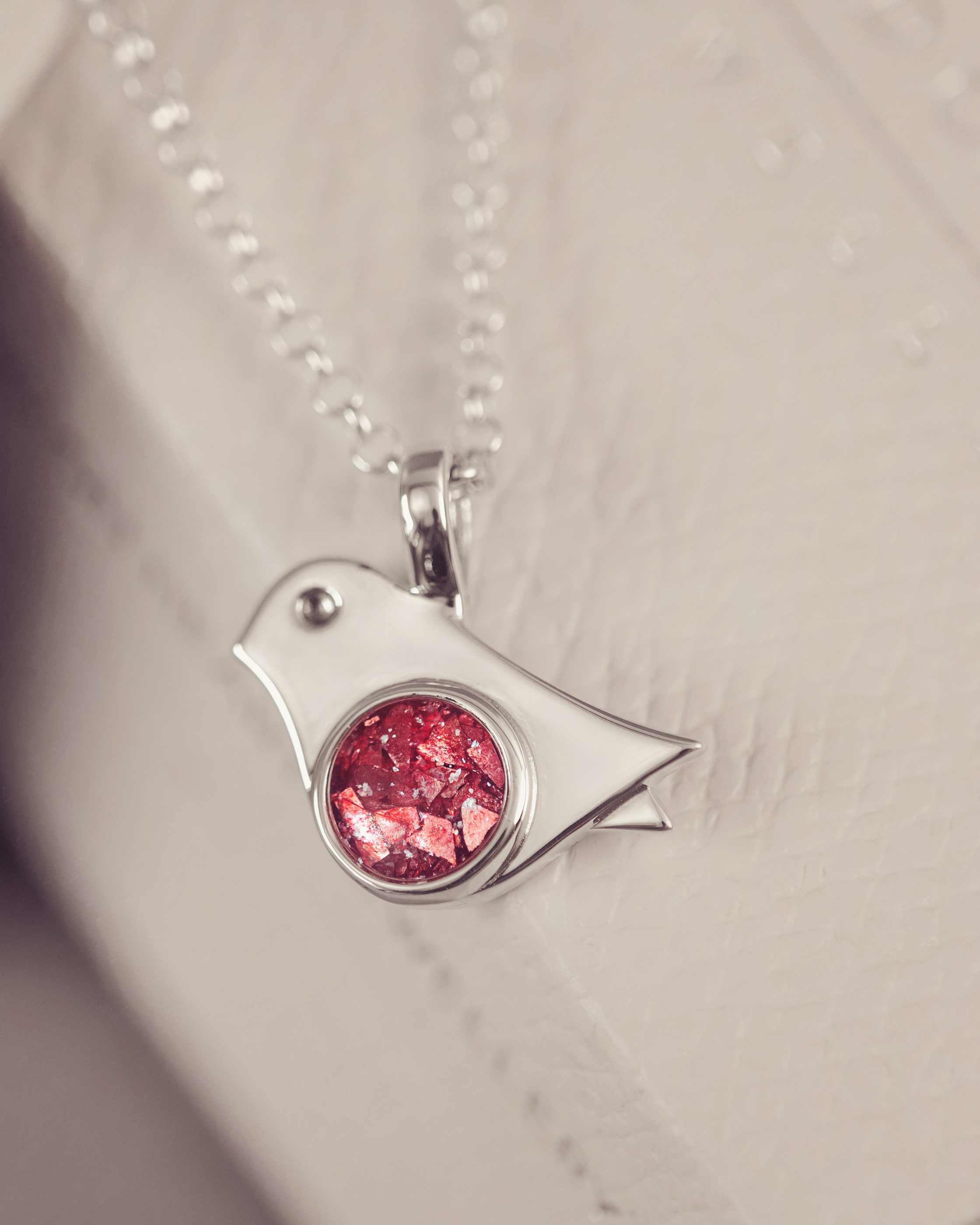 Silver Robin Shaped Necklace with a red gemstone