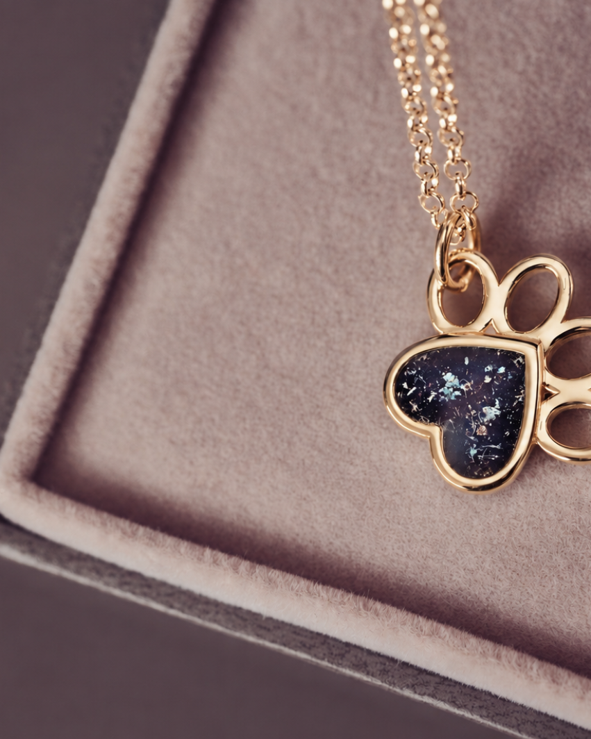 A gold paw-shaped pendant necklace with a heart-shaped center filled with a dark galaxy pattern, resting on a beige jewelry box.