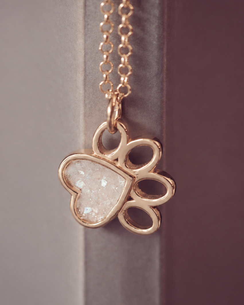 A rose gold paw print pendant necklace with a heart-shaped clear stone inlay, hanging against a dark gray and purple background.