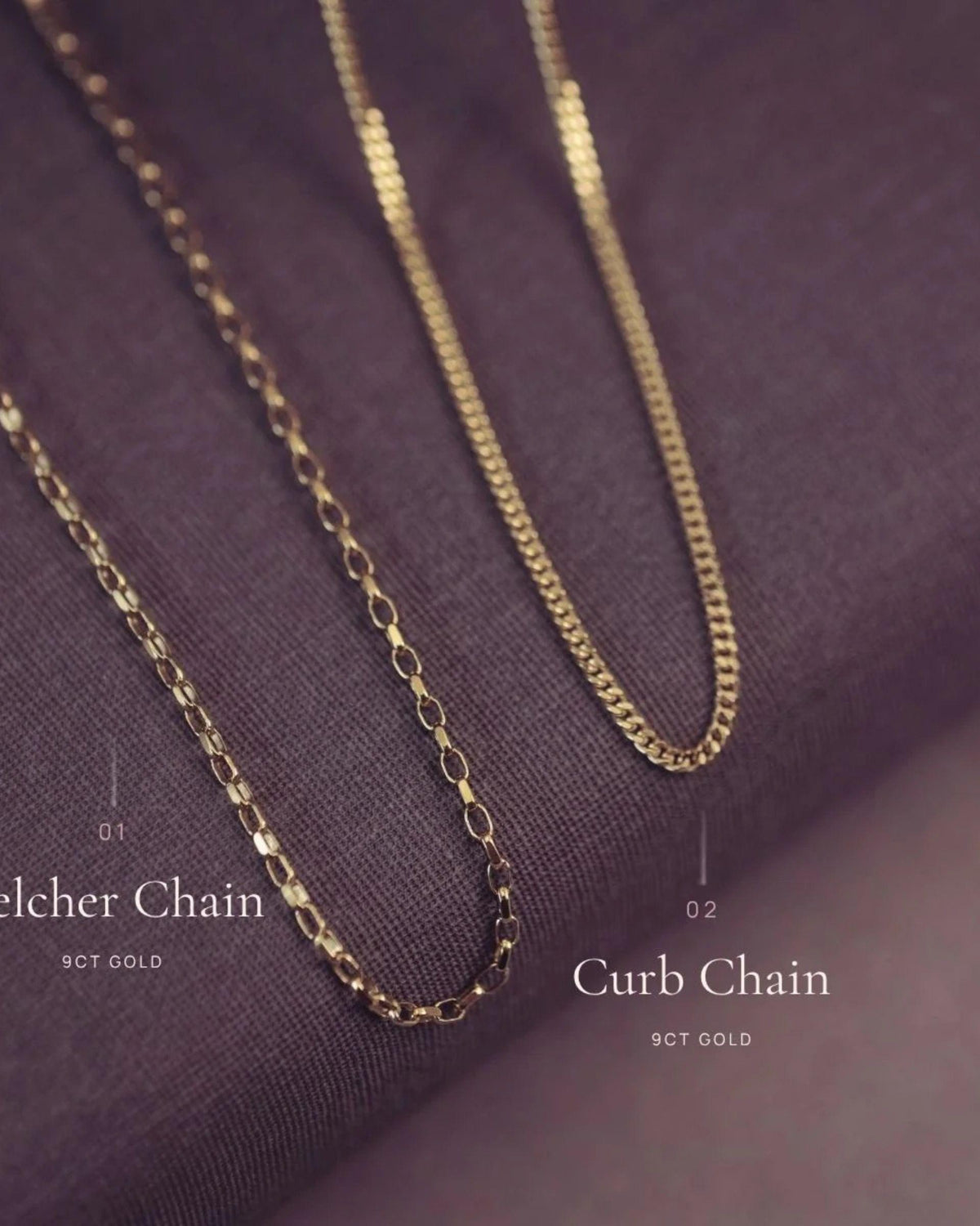 Two gold-tone chain necklaces displayed on a dark purple textured fabric background, labeled as 01 Belcher Chain and 02 Curb Chain, 9CT GOLD.