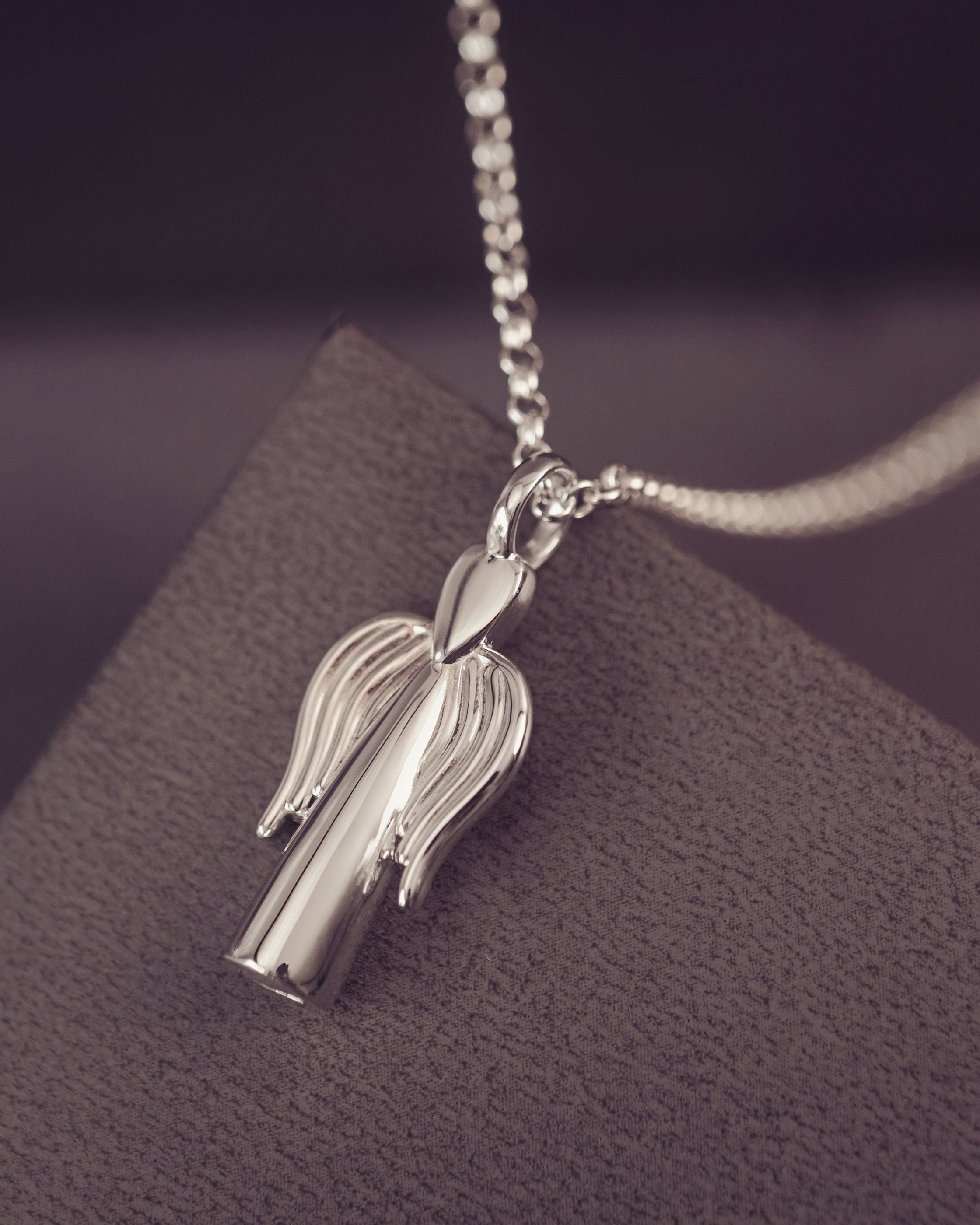 Silver pendant necklace on a dark surface
