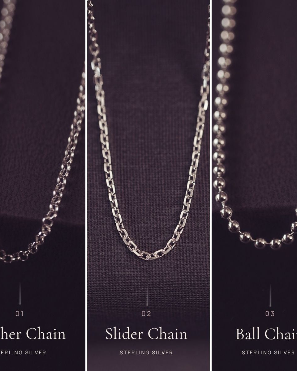 Three types of chain necklaces labeled 'Belcher Chain', 'Slider Chain', and 'Ball Chain' on a dark background.