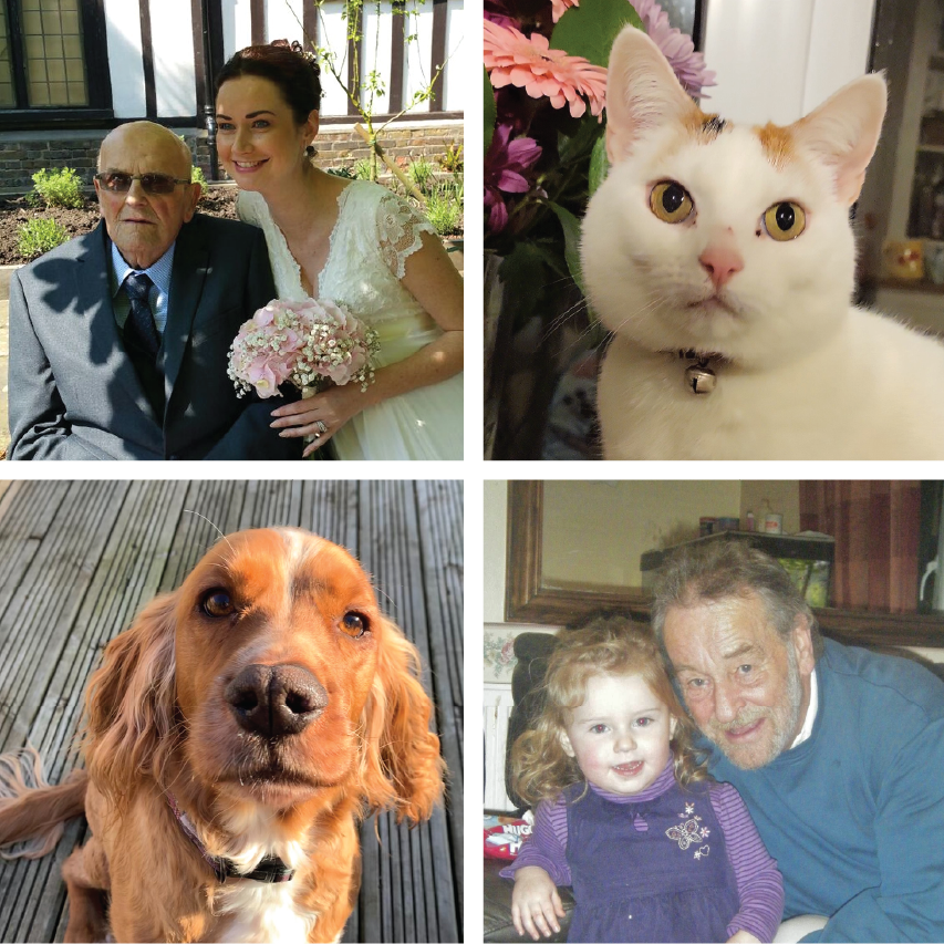 A collage of photos of loved ones and pets from Hand on Heart Jewellery memorial wall