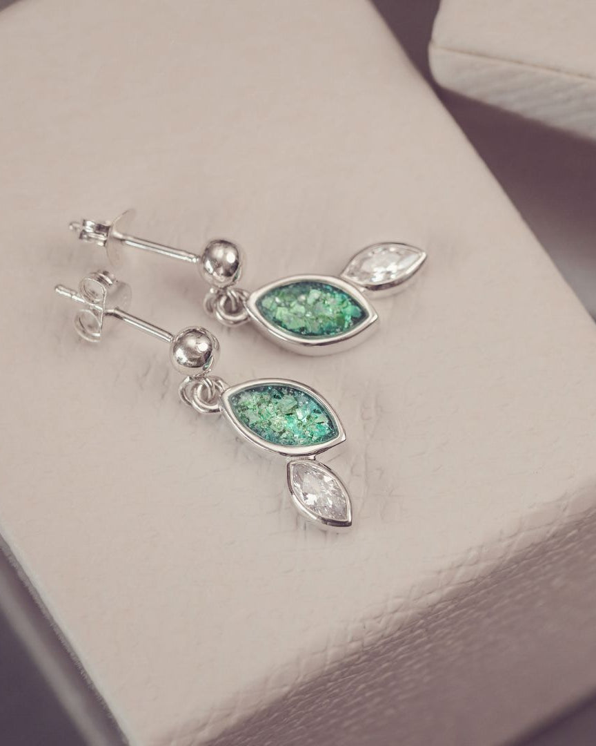 Sterling silver marquise cut earrings, created with cremation ashes, crystal and resin