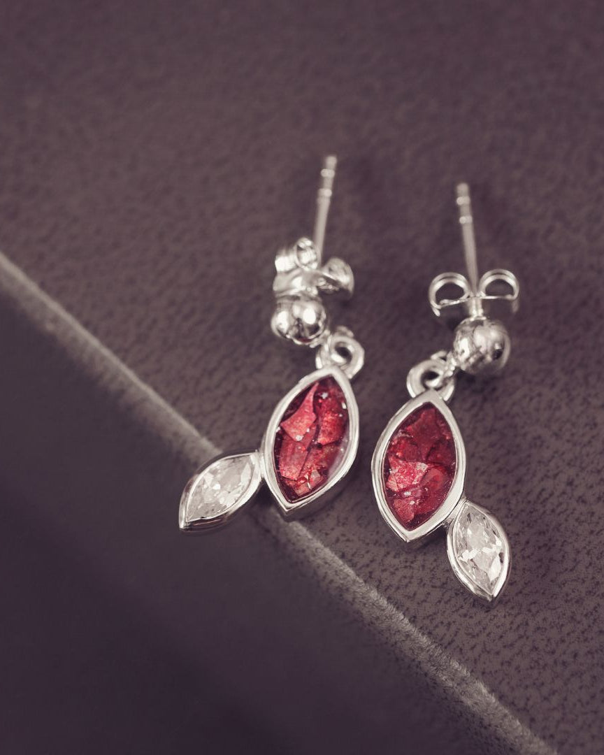Sterling silver marquise cut earrings, created with cremation ashes, crystal and resin