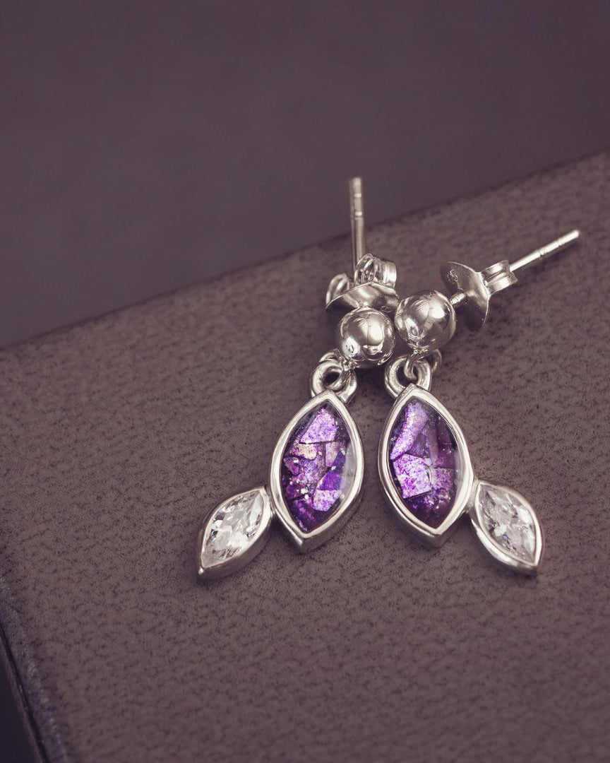 Sterling silver marquise cut earrings, created with cremation ashes, crystal and resin
