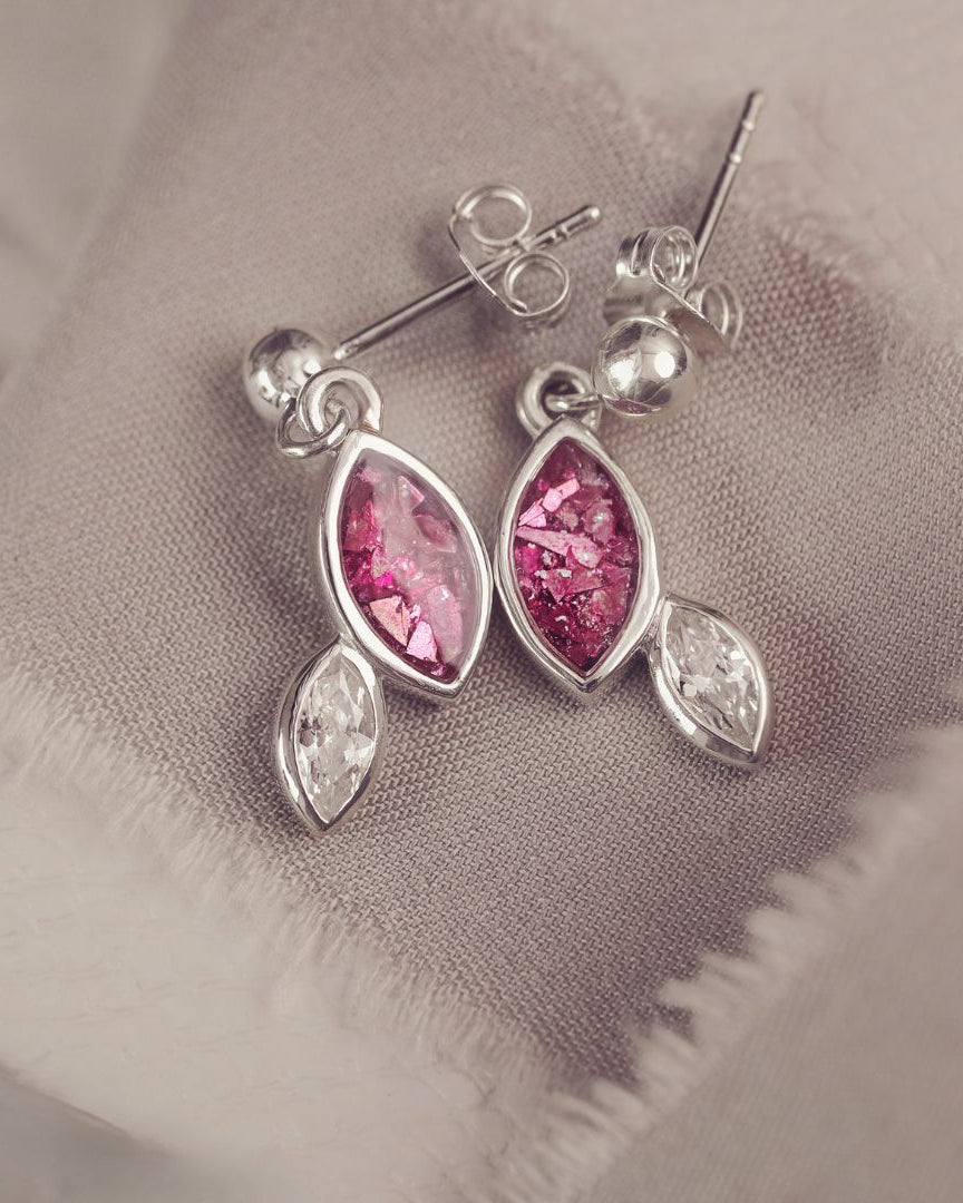 Sterling silver marquise cut earrings, created with cremation ashes, crystal and resin