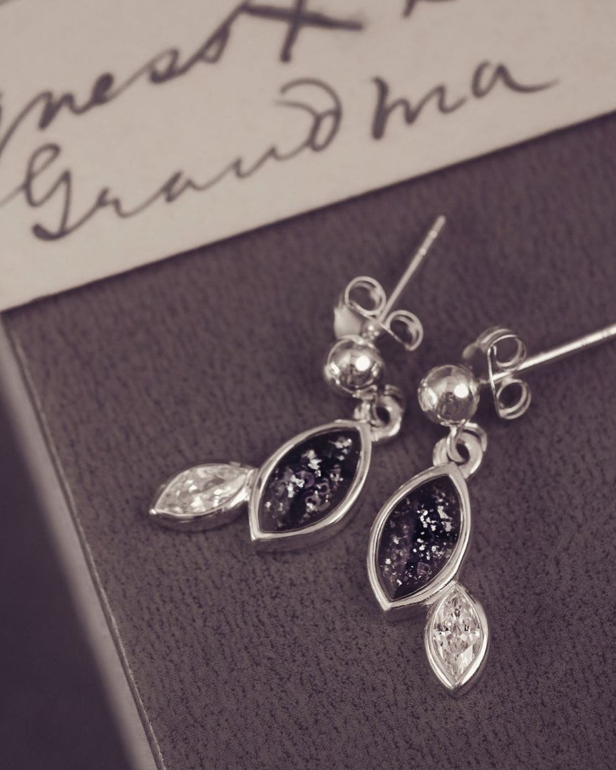 Sterling silver marquise cut earrings, created with cremation ashes, crystal and resin