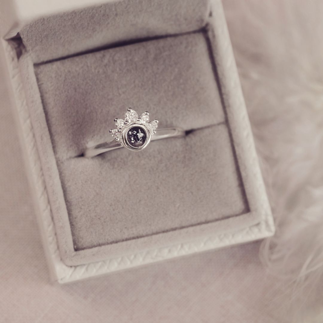 Silver ring with a central gemstone in a gray jewelry box