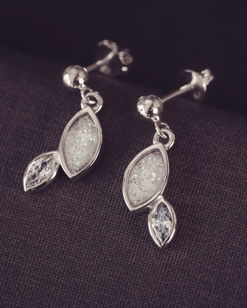 Sterling silver marquise cut earrings, created with cremation ashes, crystal and resin